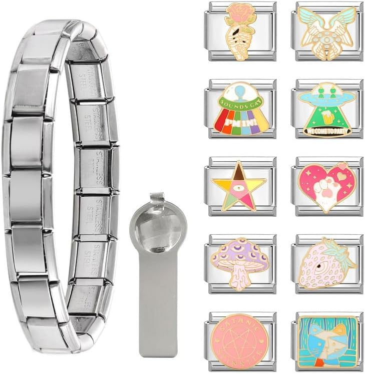 Loozykit Store Italian Charm Bracelet Sets with 1Pcs Start Bracelet,10Pcs Module Charms and Opening Tool DIY Removable Charms Stainless Steel Links Jewelry Gifts - Image 1